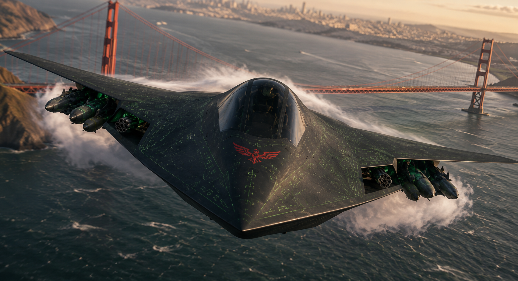 An F-47 stealth fighter with glowing Sidhe runes banking over San Francisco Bay near the Golden Gate Bridge