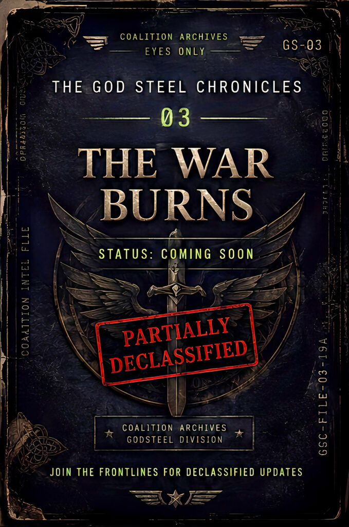 Coalition Archives placeholder cover for The War Burns, Book 3 of The God Steel Chronicles, marked Partially Declassified