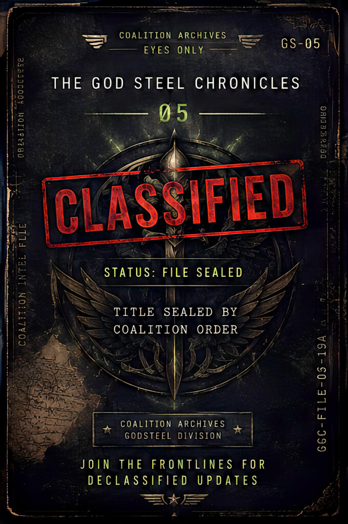 Coalition Archives classified placeholder cover for Book 5 of The God Steel Chronicles, title sealed by Coalition order