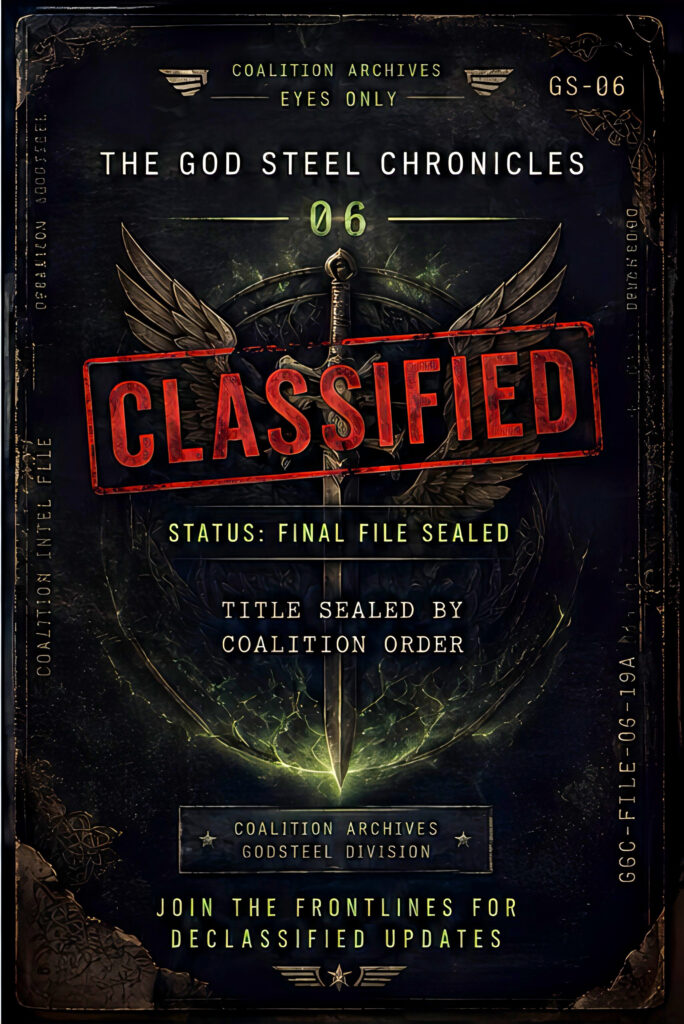 Coalition Archives final classified placeholder cover for Book 6 of The God Steel Chronicles, the saga's conclusion sealed by Coalition order