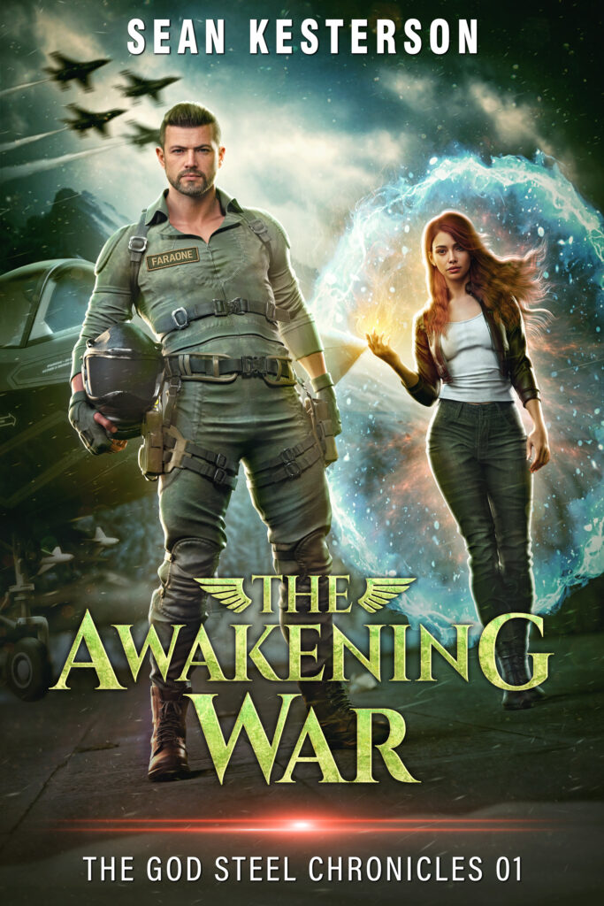 Book cover for The Awakening War, Book 1 of The God Steel Chronicles, showing a male pilot and red-haired armored woman with an F-35 fighter behind them with a formation flying overhead