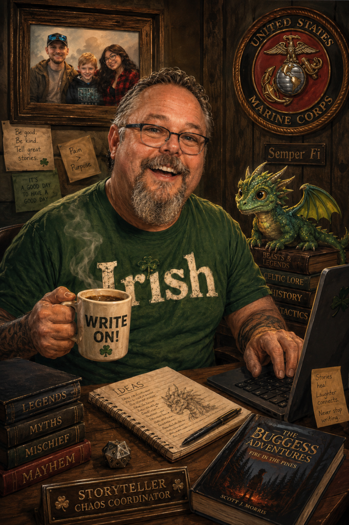 Cartoon illustrated portrait of author Sean Kesterson at his writing desk, holding a coffee mug, surrounded by mythology books and a small dragon, with a U.S. Marine Corps emblem on the wall